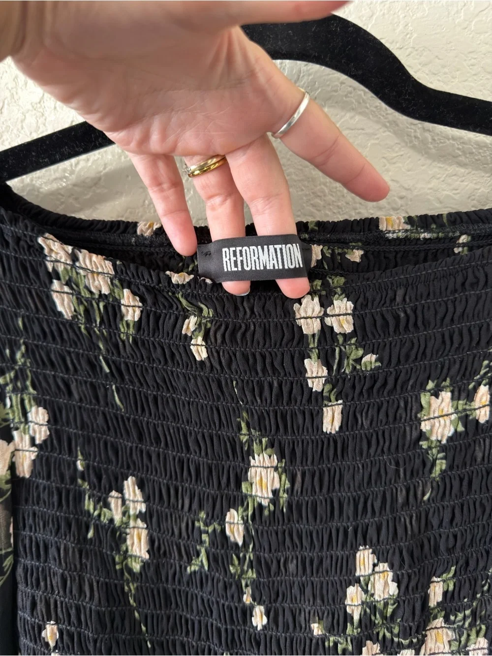 reformation sandy smocked floral long sleeve blouse